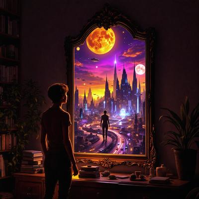 The primary subject of the image is a man standing in front of a mirror. The setting is a room with a desk and a bookshelf, which contains several books. The visual style appears to be a combination of photo and digital art, creating a surreal and artistic atmosphere. The colors in the image are predominantly purple and blue, giving the scene a dreamy and otherworldly feel.